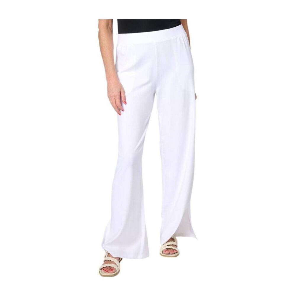 Denim & Co. Beach Jersey Tall Wide‑Leg Pants w/ Slits – White – XL Tall – NWT